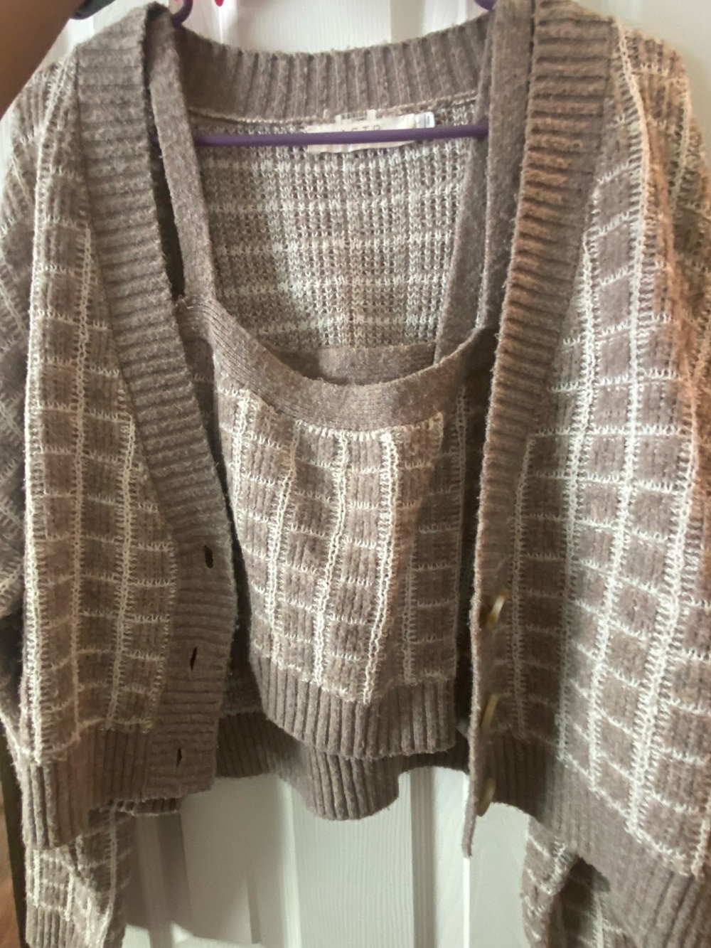 ASTR Brown Plaid Cardigan and Tank Set - Women Sweaters
